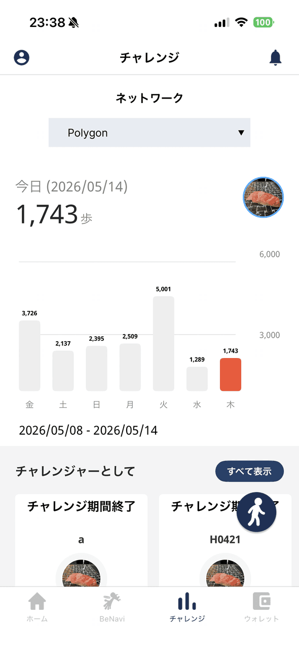アプリ画面: 歩数の確認画面 (今日の歩数と週間棒グラフ、進行中のチャレンジ一覧)