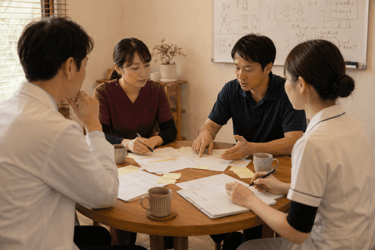 多職種が円卓で運動療法計画について打ち合わせている様子