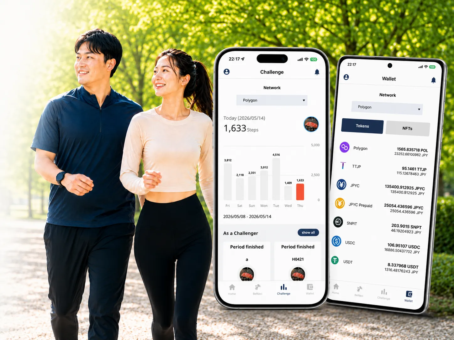 A man and woman walking together in a park, with the ESPL app's challenge screen and JPYC wallet screen