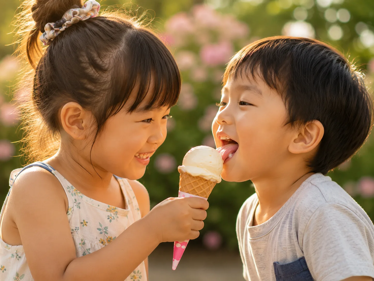 公園の光の中、小さな女の子が自分のアイスクリームを小さな男の子に舐めさせて、二人で笑い合う ── 純粋な利他の象徴