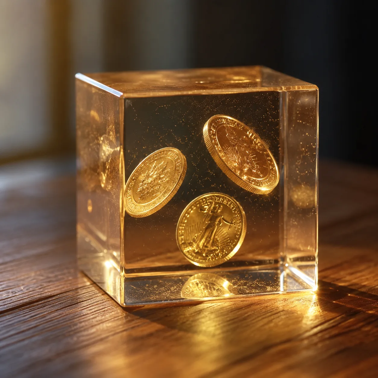 木のテーブルの上の透明な水晶のキューブの中に、金貨が宙に浮いたまま閉じ込められている ── 人の手で書き換えられないスマートコントラクトの象徴
