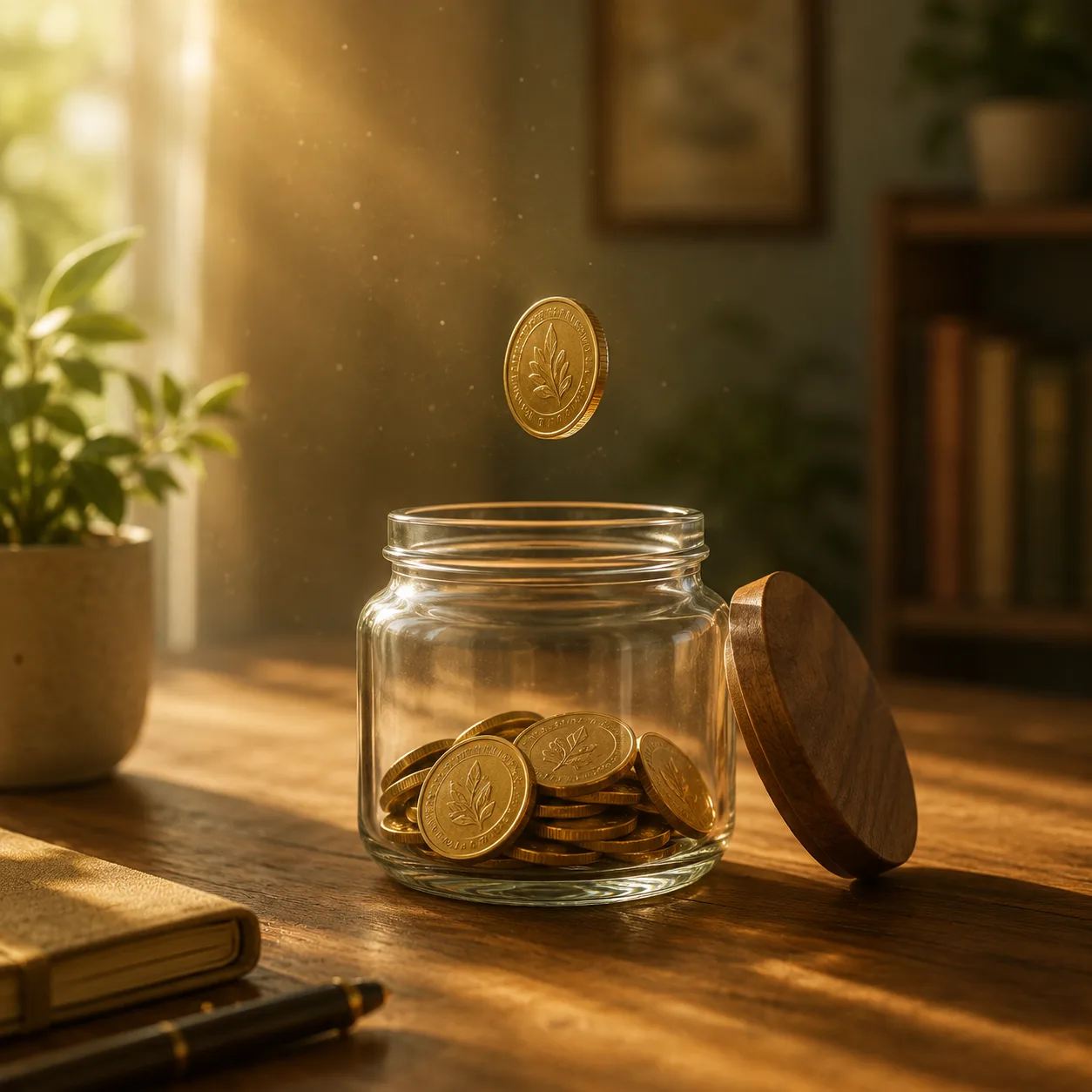 木のテーブルの上のガラス瓶に金貨が静かに保管されている ── スマートコントラクトに預けられた応援金の象徴