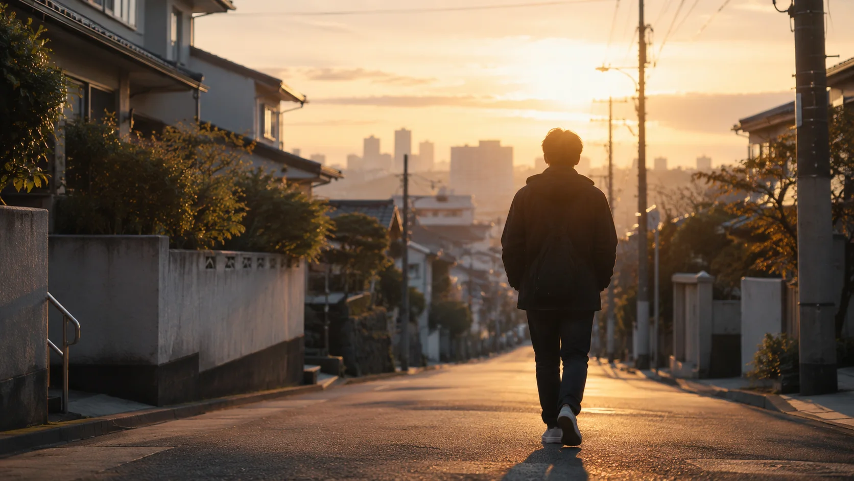 夜明けの住宅街を、遠くの街並みに向かって歩いていく人物の後ろ姿 ── 歩く理由を設計するという運動サプリの世界観の象徴