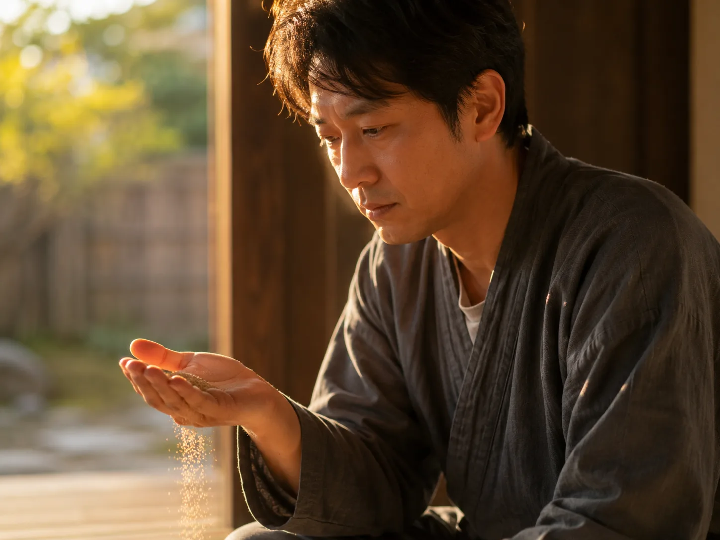 夕方の光の中で、手のひらから金色の砂が指の間をすり抜けていくのを見つめる男性 ── 失う痛みの象徴