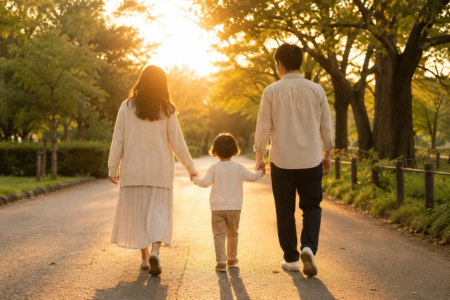 夕日の差し込む並木道を、家族3人が手をつなぎながら並んで歩く ── チャレンジ達成後、応援金が家族のもとへ届く未来の象徴