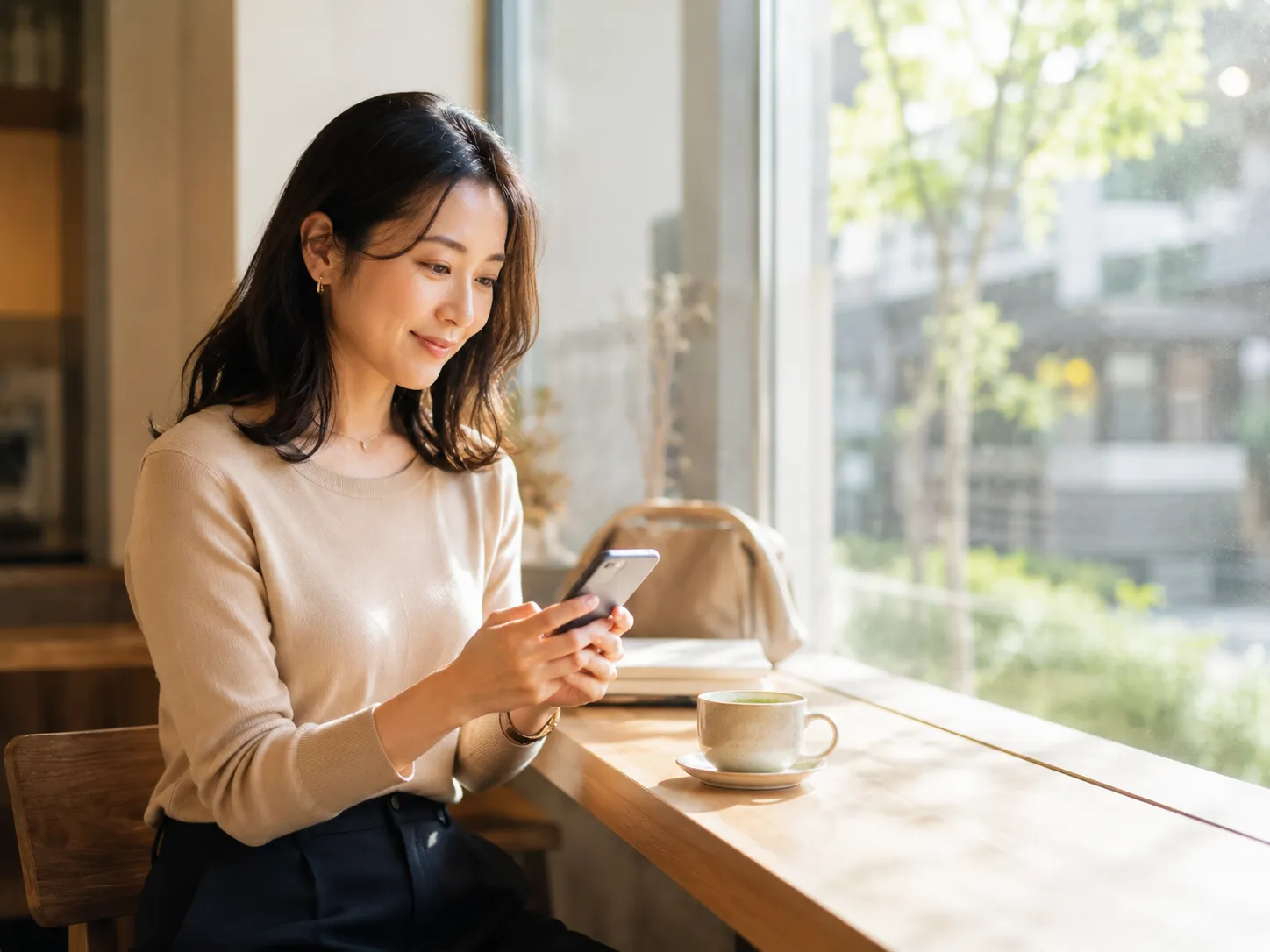 カフェの窓辺から、離れて暮らす親に応援金を送る20-30代の女性