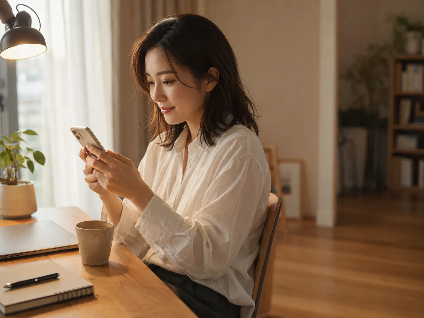 自宅デスクで落ち着いた表情でスマートフォンを操作し、JPYCを日常設計に組み込む20代後半の女性