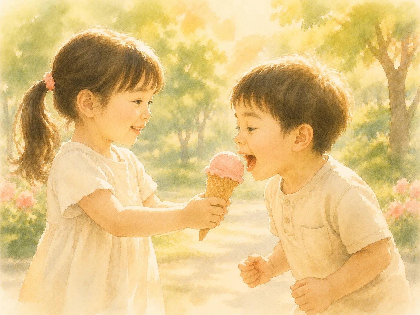 屋外で小さな女の子が男の子にアイスクリームを差し出す watercolor ── 純粋な利他の象徴