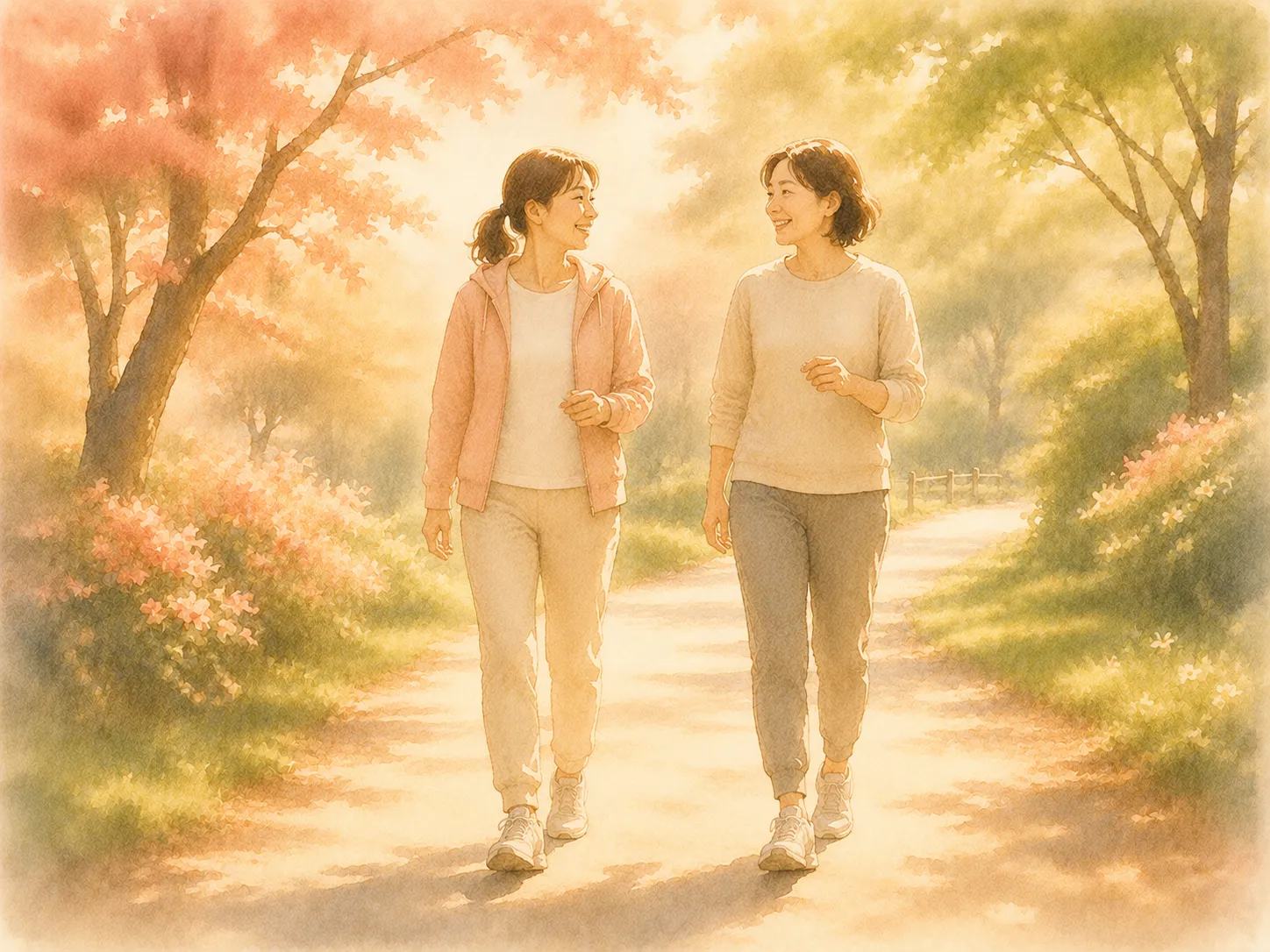 並木道を笑顔で並んで歩く 2 人 ── 家族や友人と続けるウォーキングの watercolor