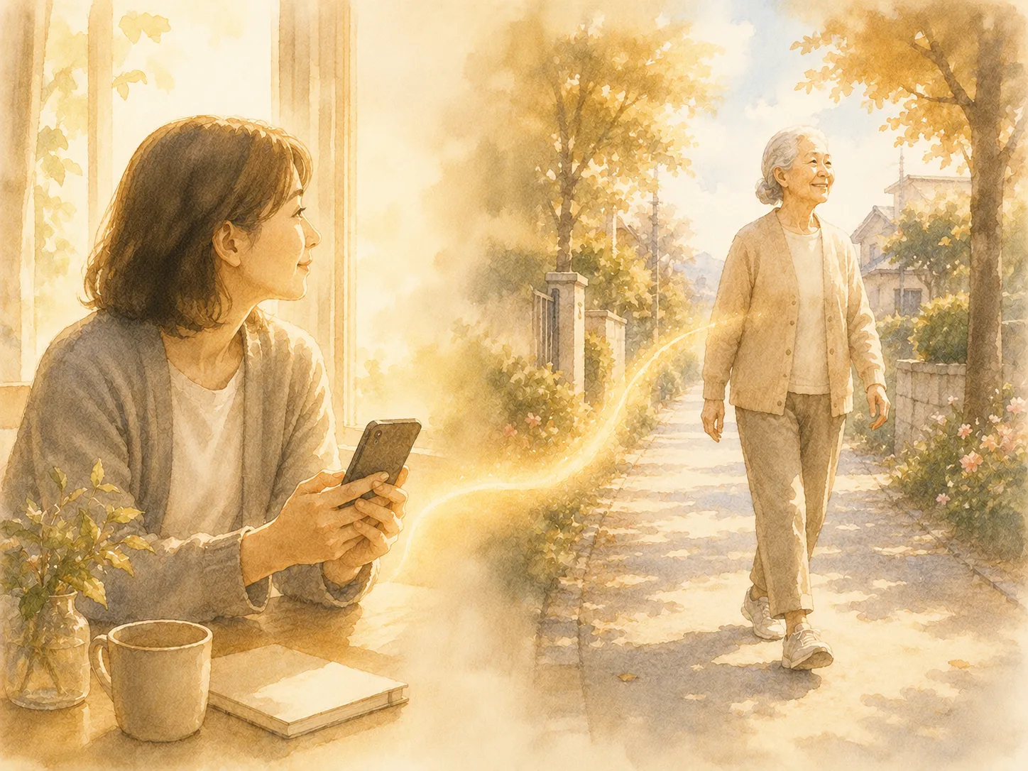 室内でスマートフォンを持つ娘から暖光が伸び、屋外の並木道を歩く高齢の母につながる watercolor