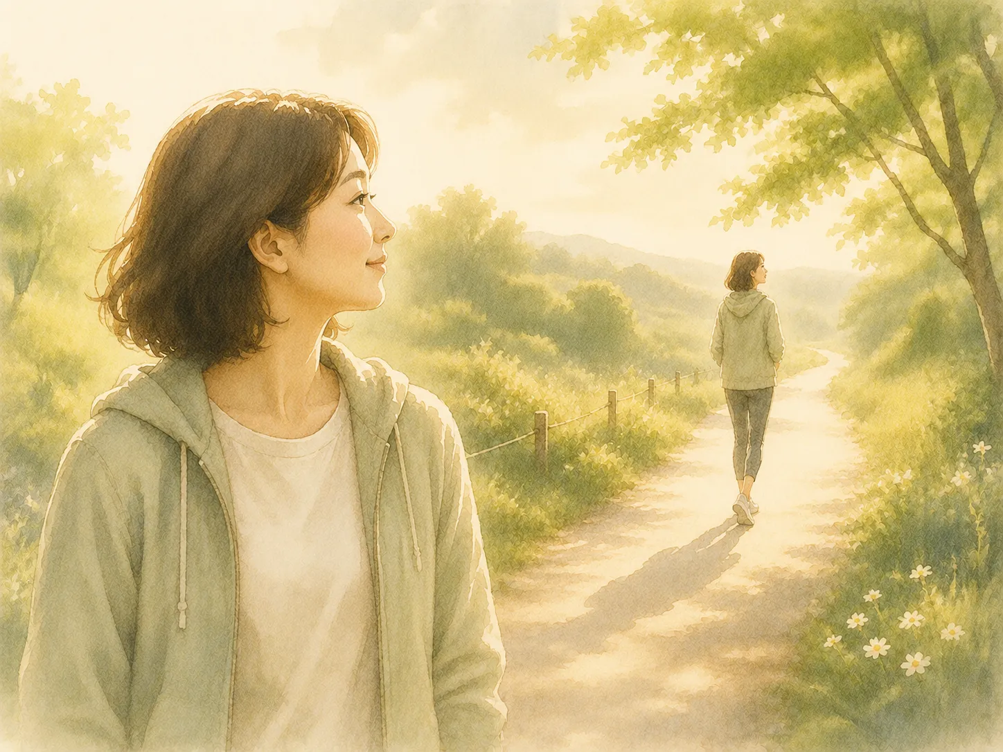 緑豊かな小道を歩く女性と、その先に小さく描かれた未来の自分像 ── 自分への投資の watercolor