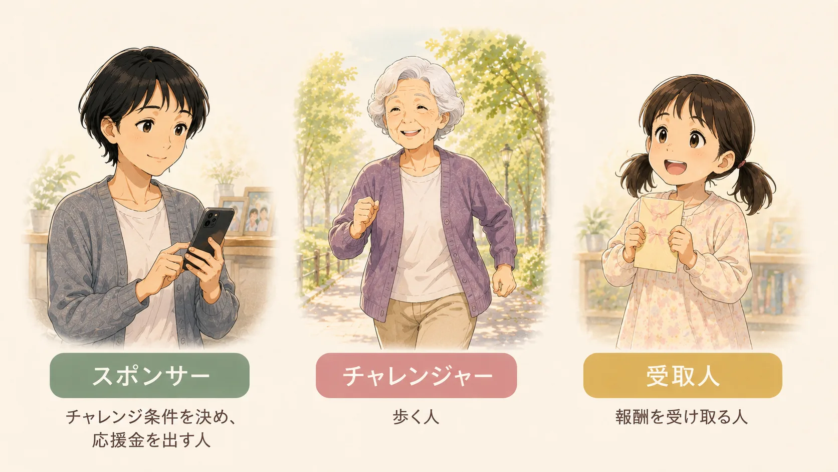 運動サプリの3つの登場人物：スポンサー・チャレンジャー・受取人