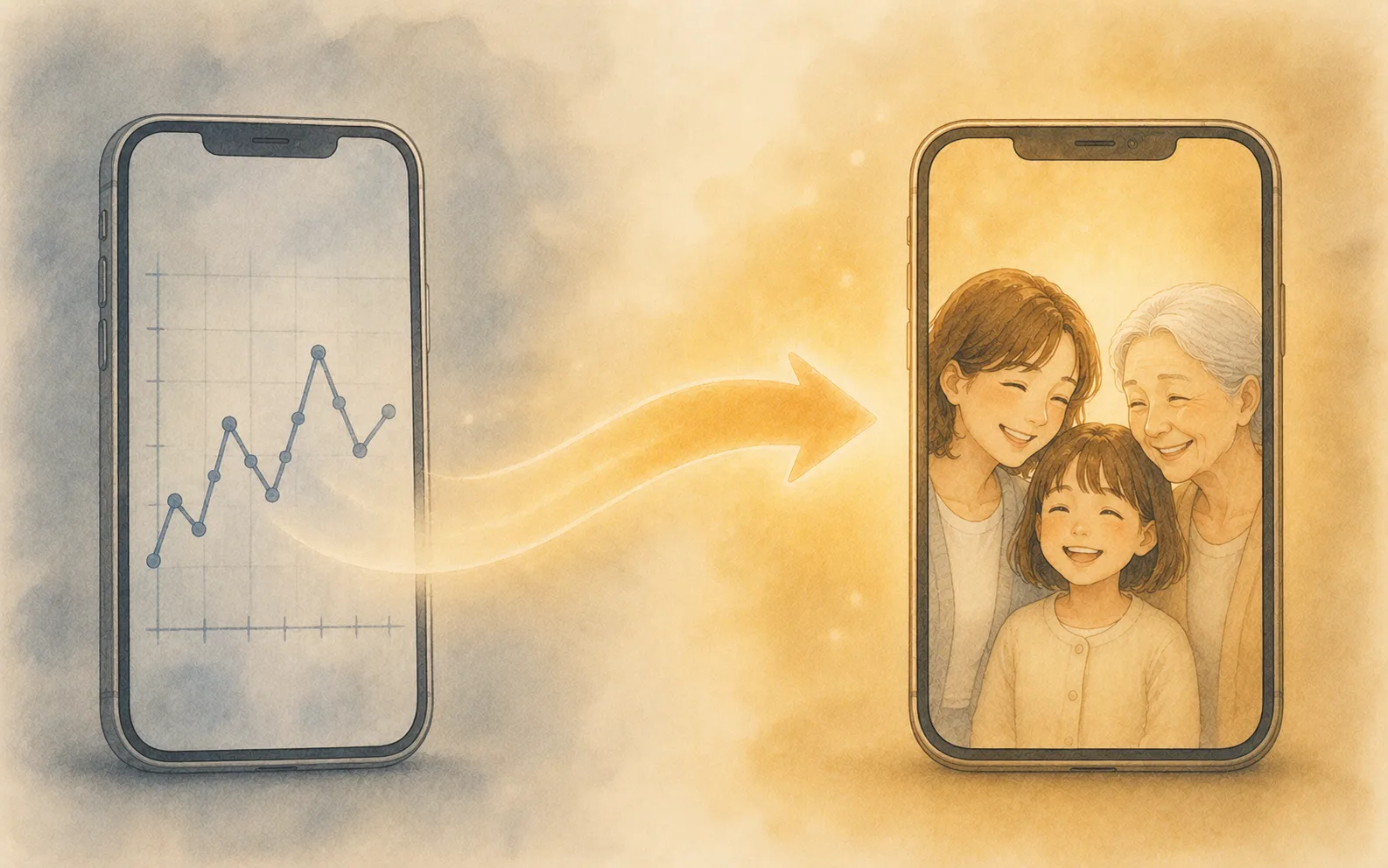 左のスマホ画面に歩数のグラフ、矢印を経て、右のスマホ画面に家族の笑顔 ── 記録するアプリから行動を変えるアプリへの変化