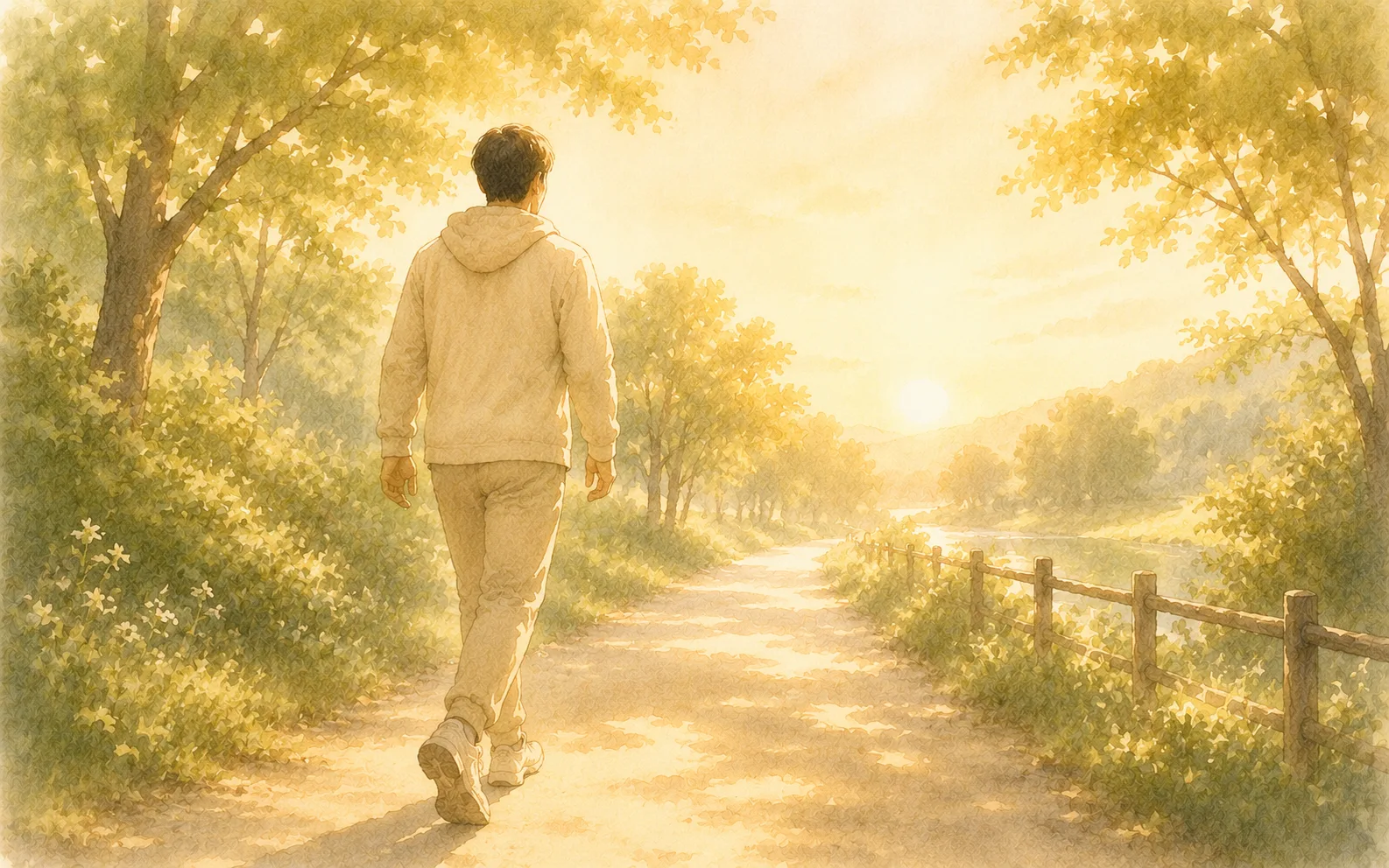 朝の並木道を、ひとりの人物が歩き出す後ろ姿 ── 続けるための小さな一歩を象徴する watercolor