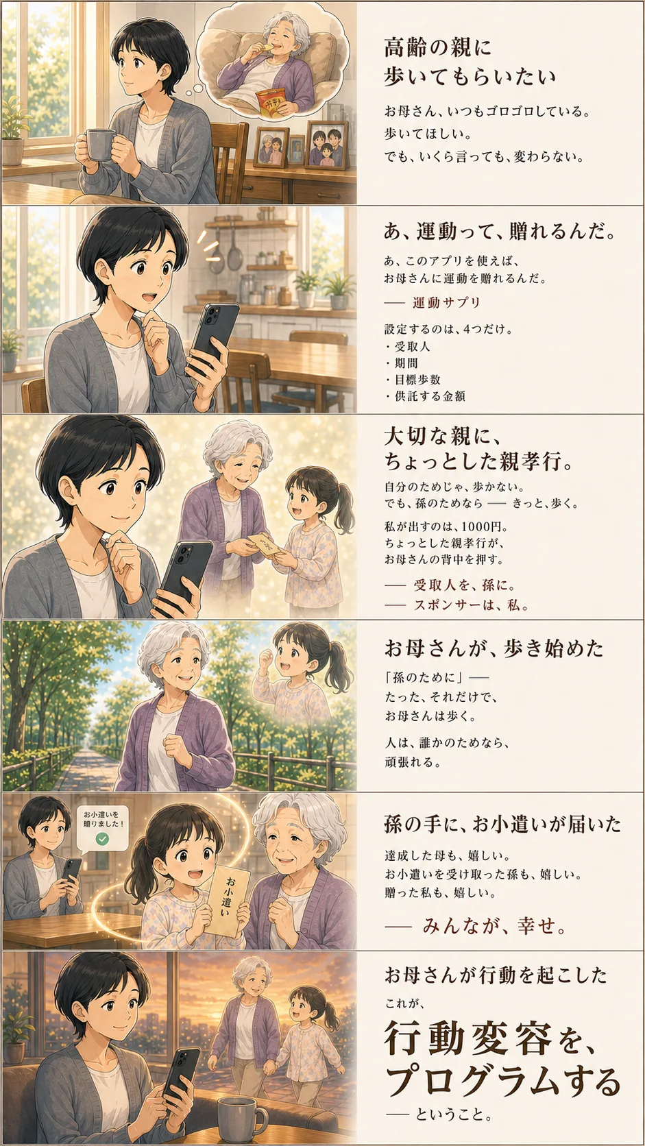 離れて暮らす母に、孫を受取人にして運動を贈る家族の物語