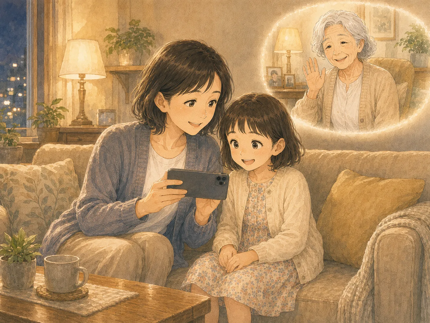 夕暮れに、娘がスマートフォン越しに歩く母と孫の笑顔を見て安心する