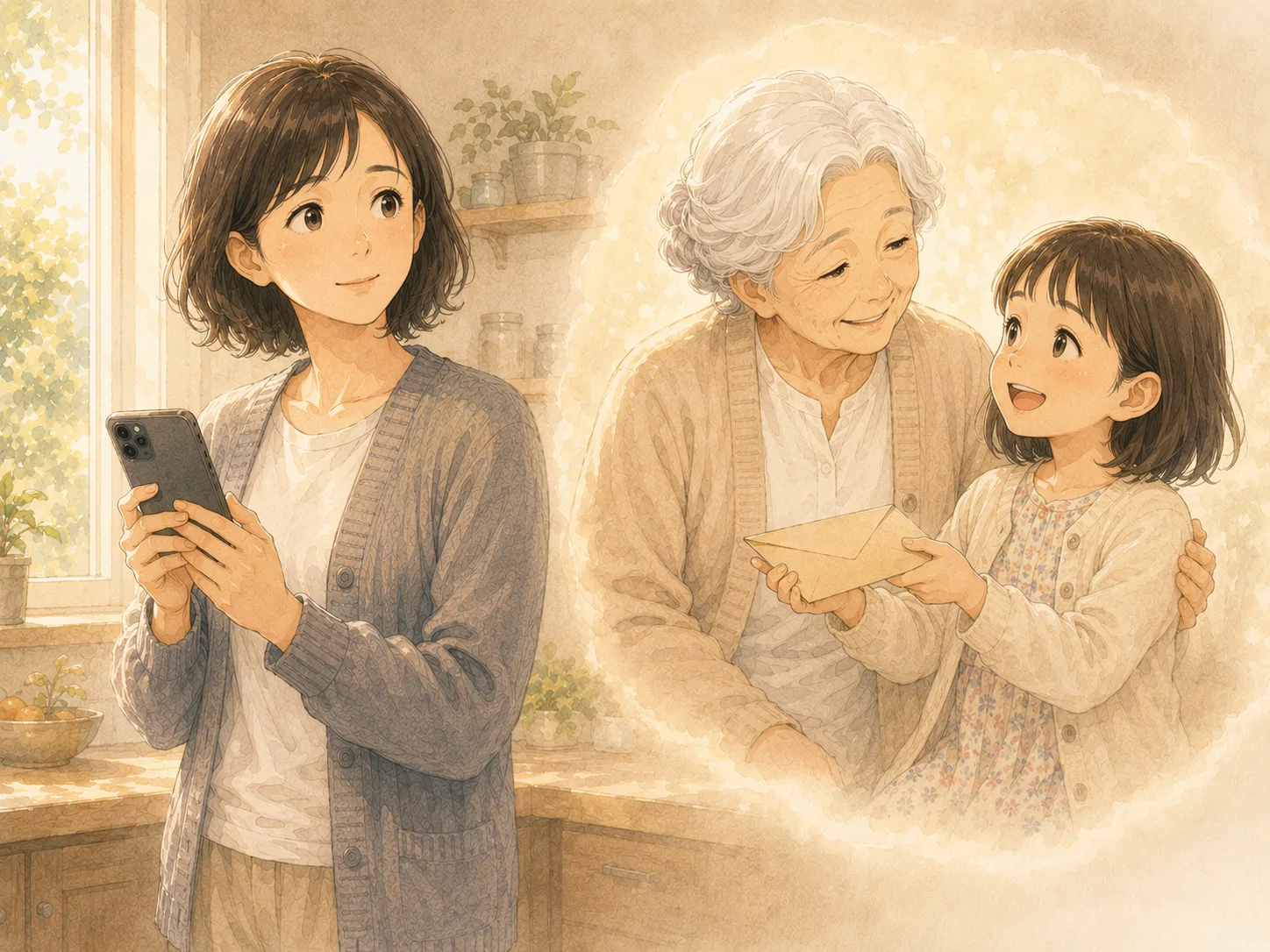 娘がスマートフォンを持ち、孫に応援金が届く未来を思い描く