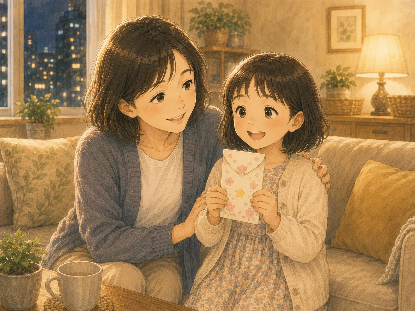 孫がお小遣いの封筒を受け取り、娘も母も笑顔で見守る