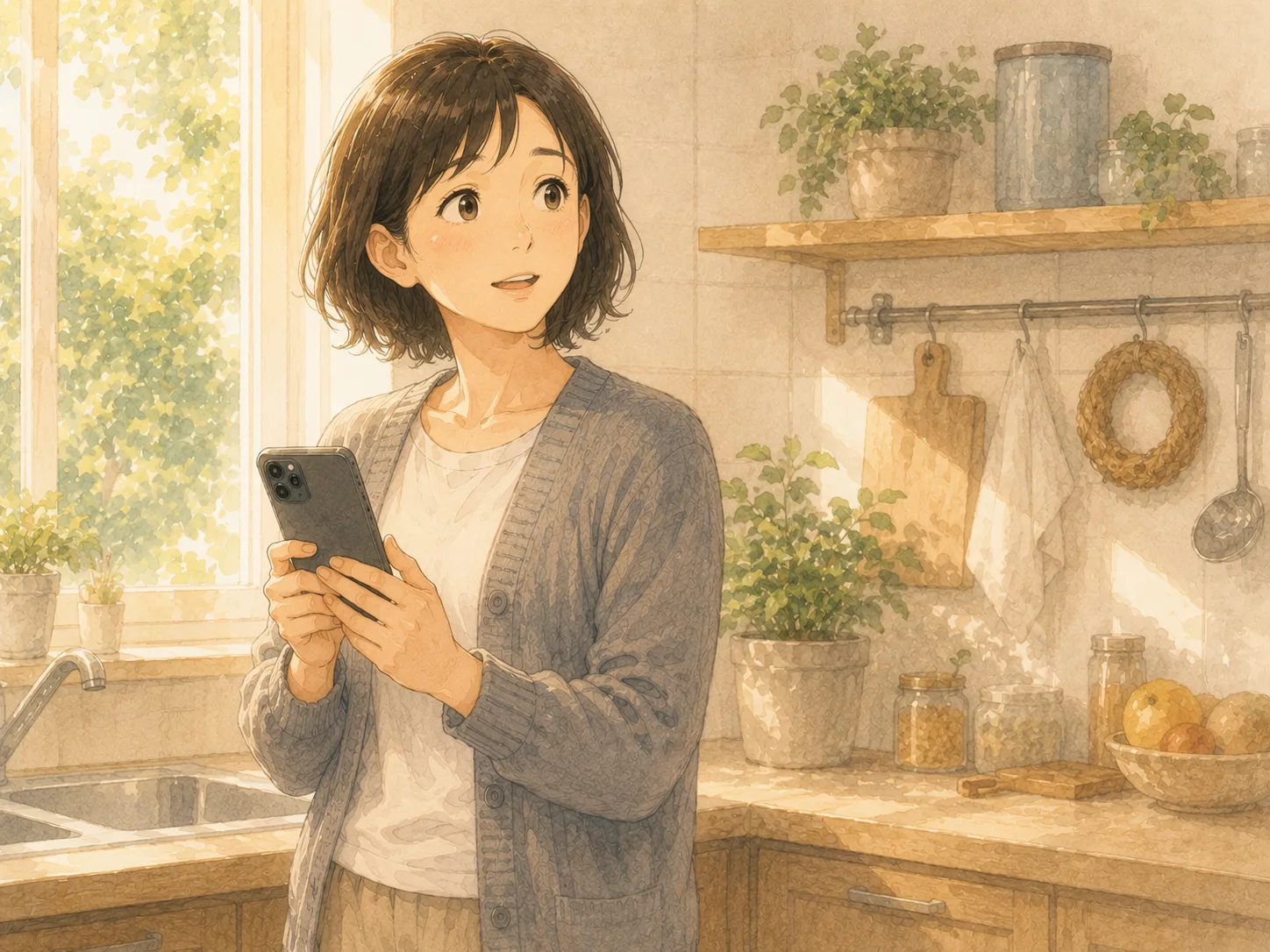 キッチンで娘がスマートフォンを操作し、母へのウォーキングチャレンジを設定する