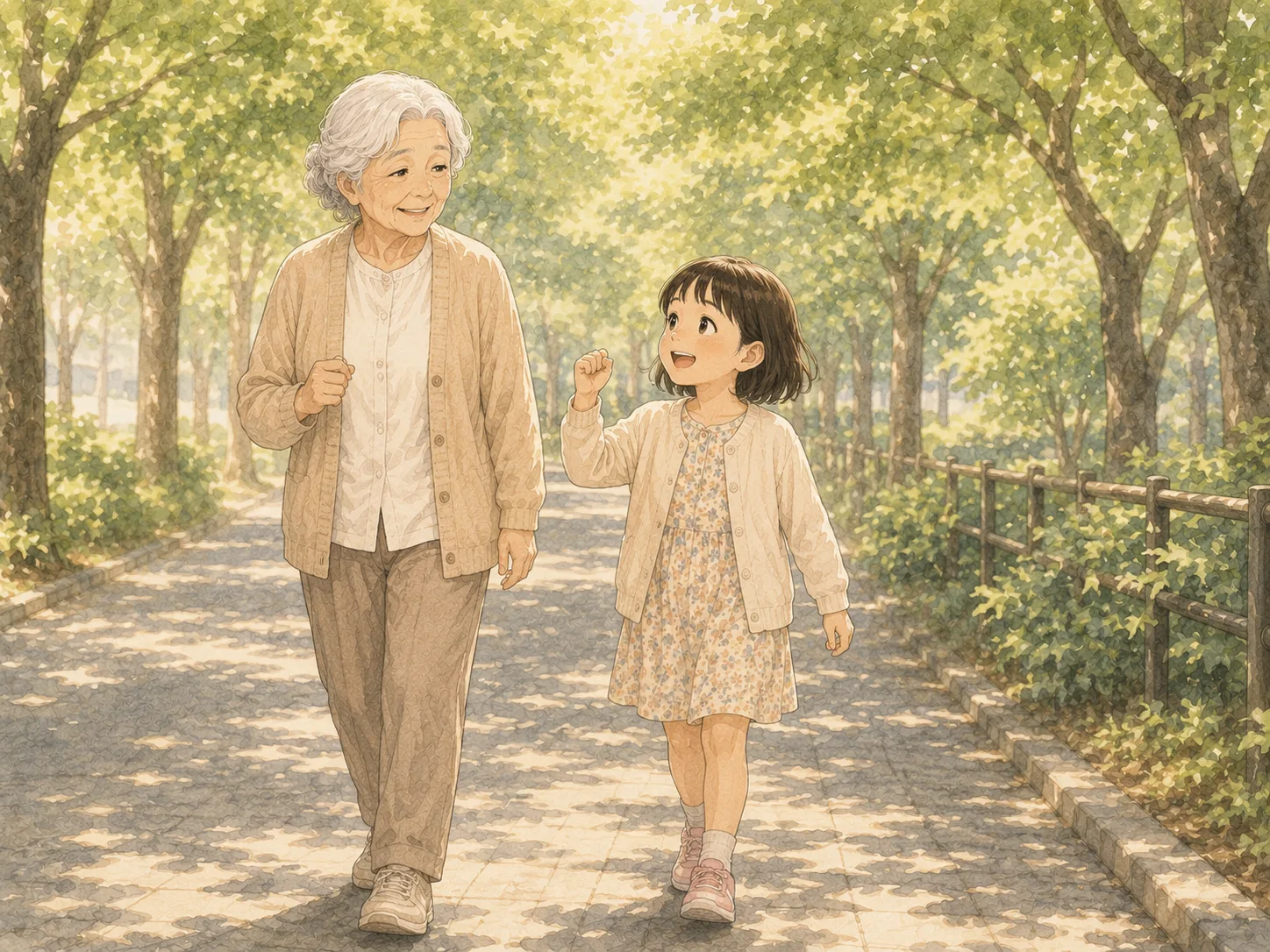 高齢の母が並木道を、孫の応援を背に歩き始める