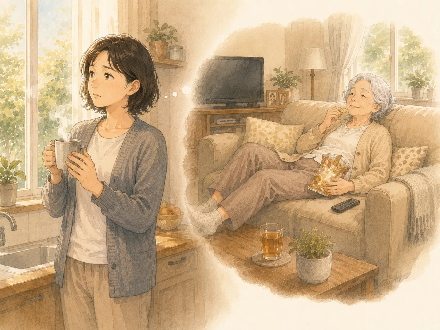 窓辺でマグカップを持つ娘が、ソファでくつろぐ母を思い出している